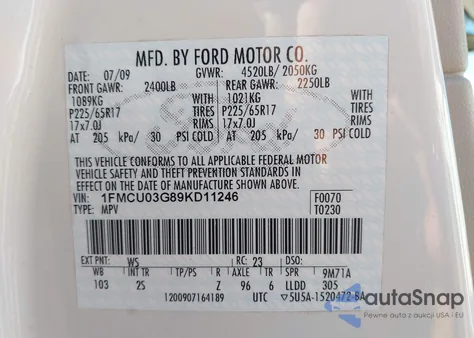 2009 Ford Escape Xlt from USA, damaged, VIN 1FMCU03G89KD11246